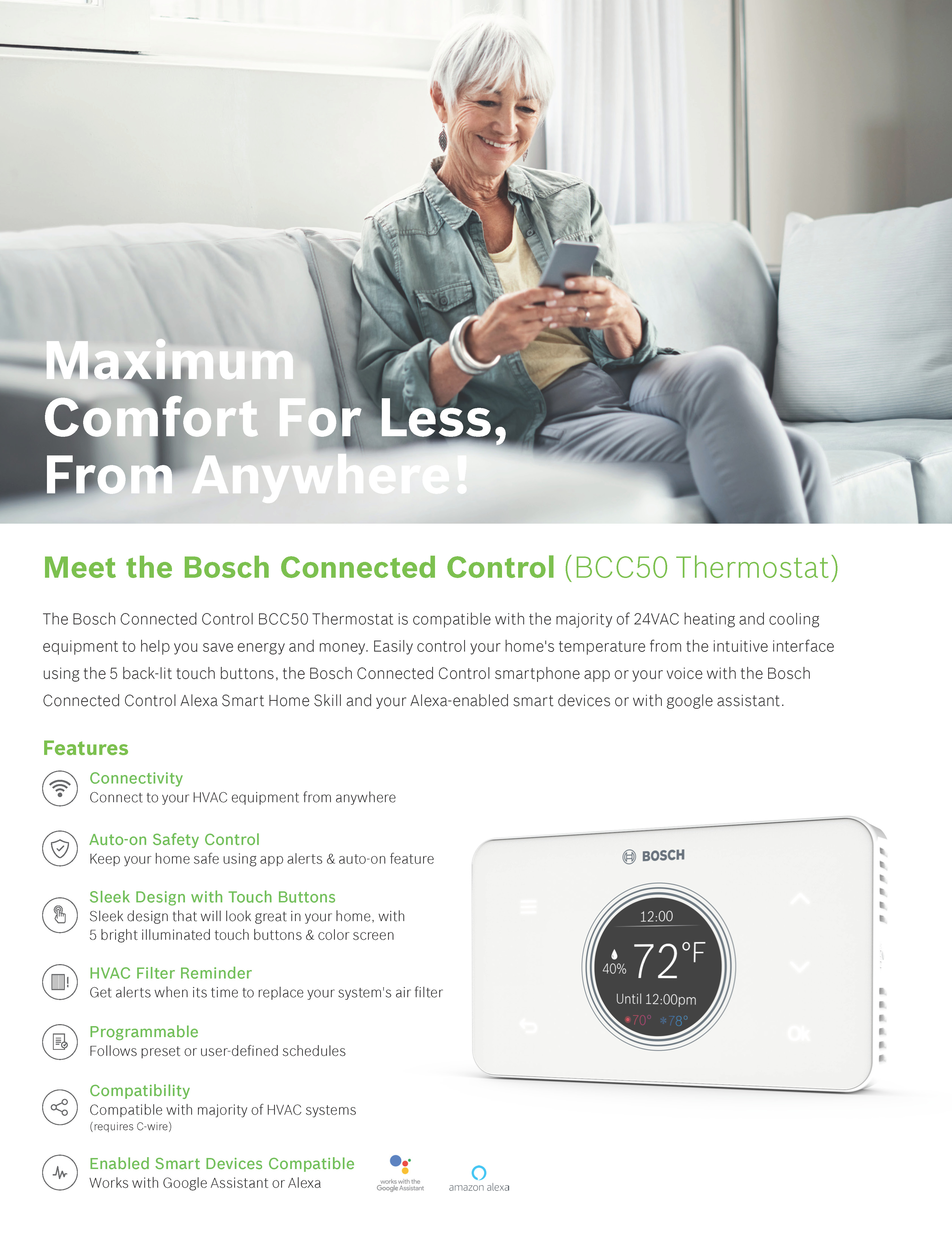 Bosch WiFi Touchscreen 3H/2C Thermostat, BCC50